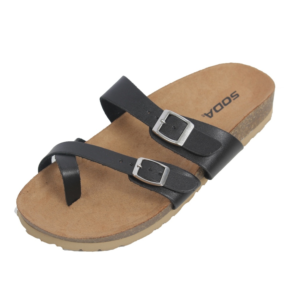 Black crossing strap toe ring strappy cork sandal - Picture 2 of 7